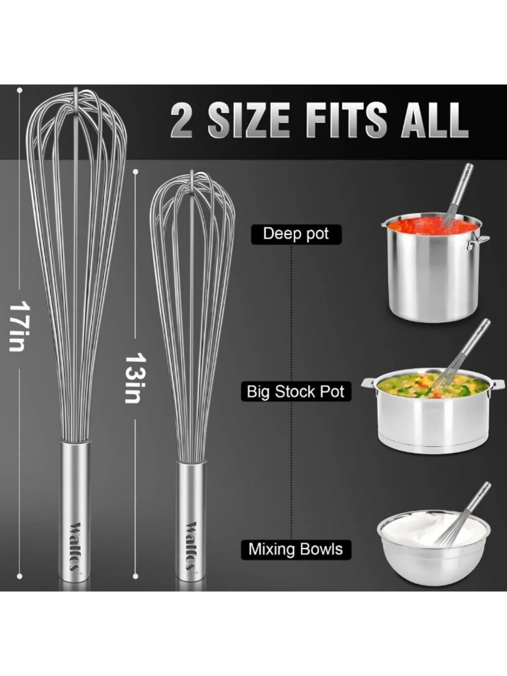 Large Stainless Steel Whisk Set of 2 - Heavy Duty for Beating Eggs & Mixing